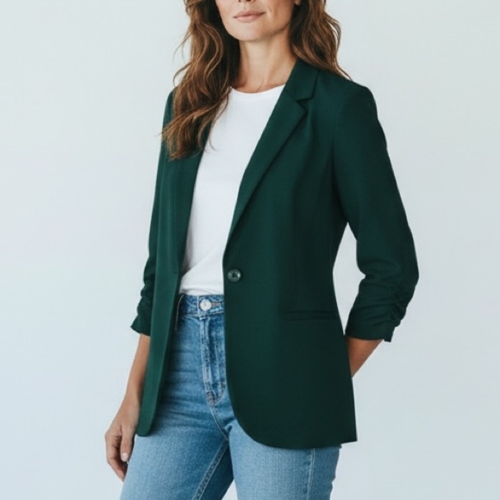 Ricki’s  Blazer Ponte Knit 3/4 Ruched Sleeves Single Breasted Forest Green XS